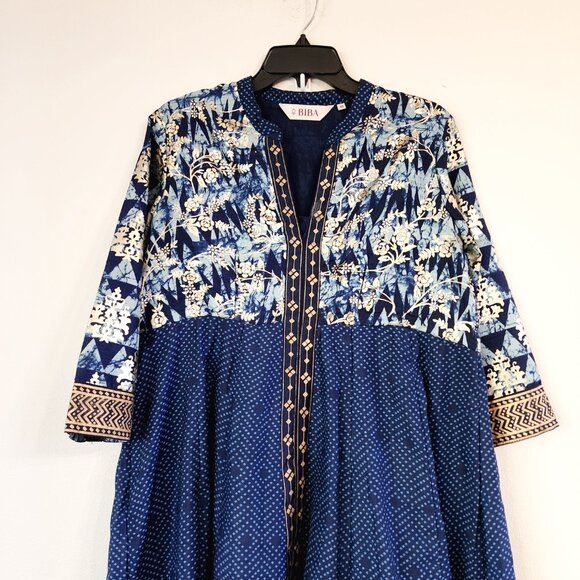 BIBA Kurta Tunic Maxi Dress Women Sz 38 Blue Gold Floral Print V Neck Lined - Picture 4 of 13